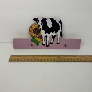 Vtg Thin Wood Cow Sunflower Pink Purple Wall Key Holder Lightweight Hooks READ